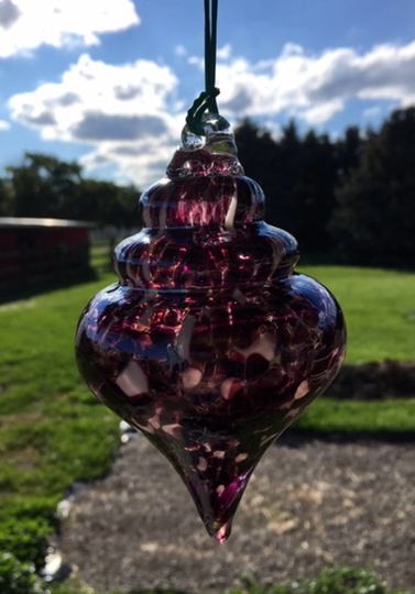 Suncatcher Glass Ornament, Hand Blown Spindle, Purple With White, Christmas Tree Ornament