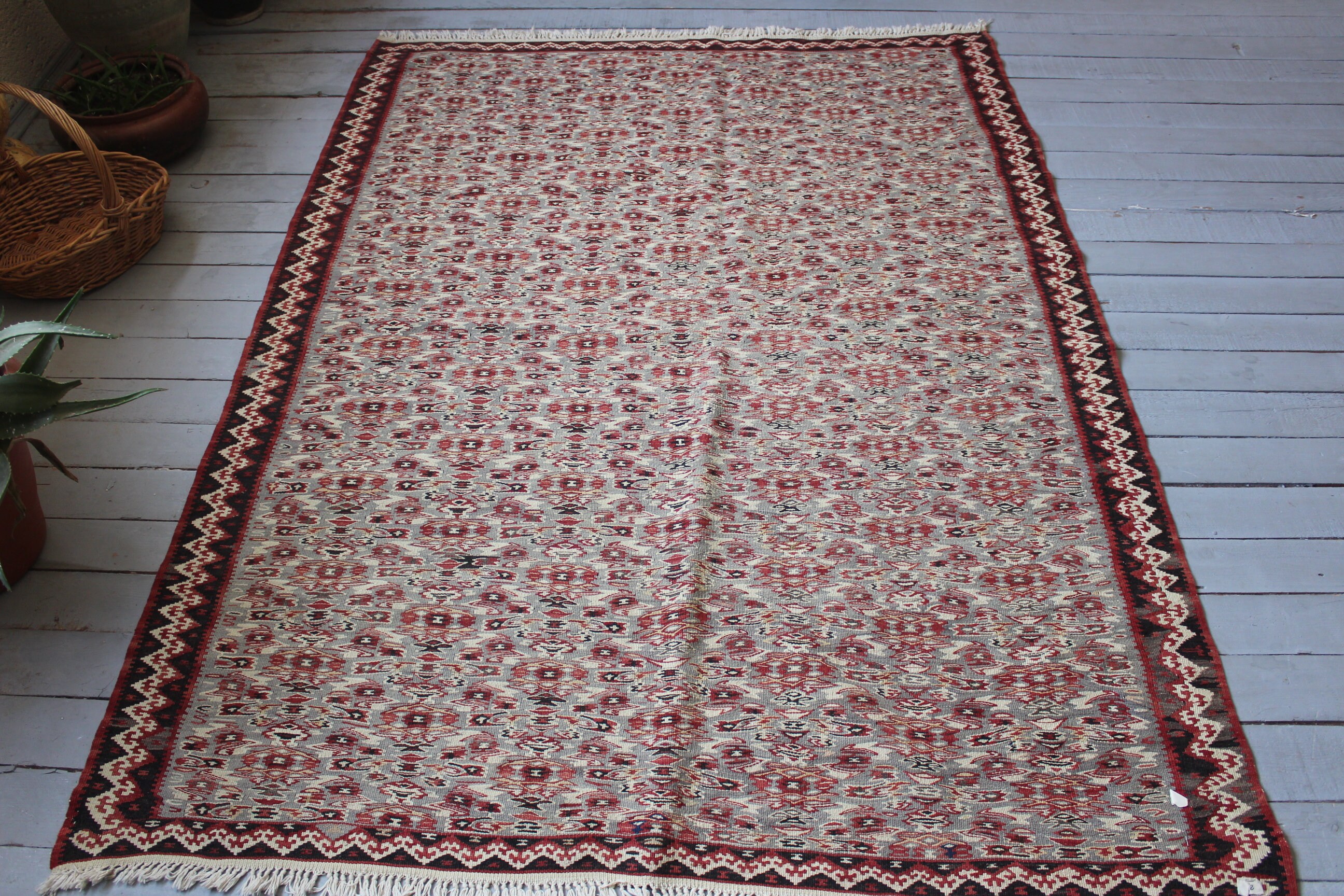 4'4x6'2 Vintage Anatolian Kilim, Ethnic Bohemian Kilim Rug, Handwoven Antique Sine Kilim"