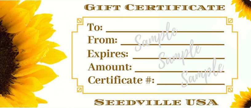 Seedville Usa Shop Gift Certificate - Sunflower Design By Email Or Postal Mail You Choose Amount