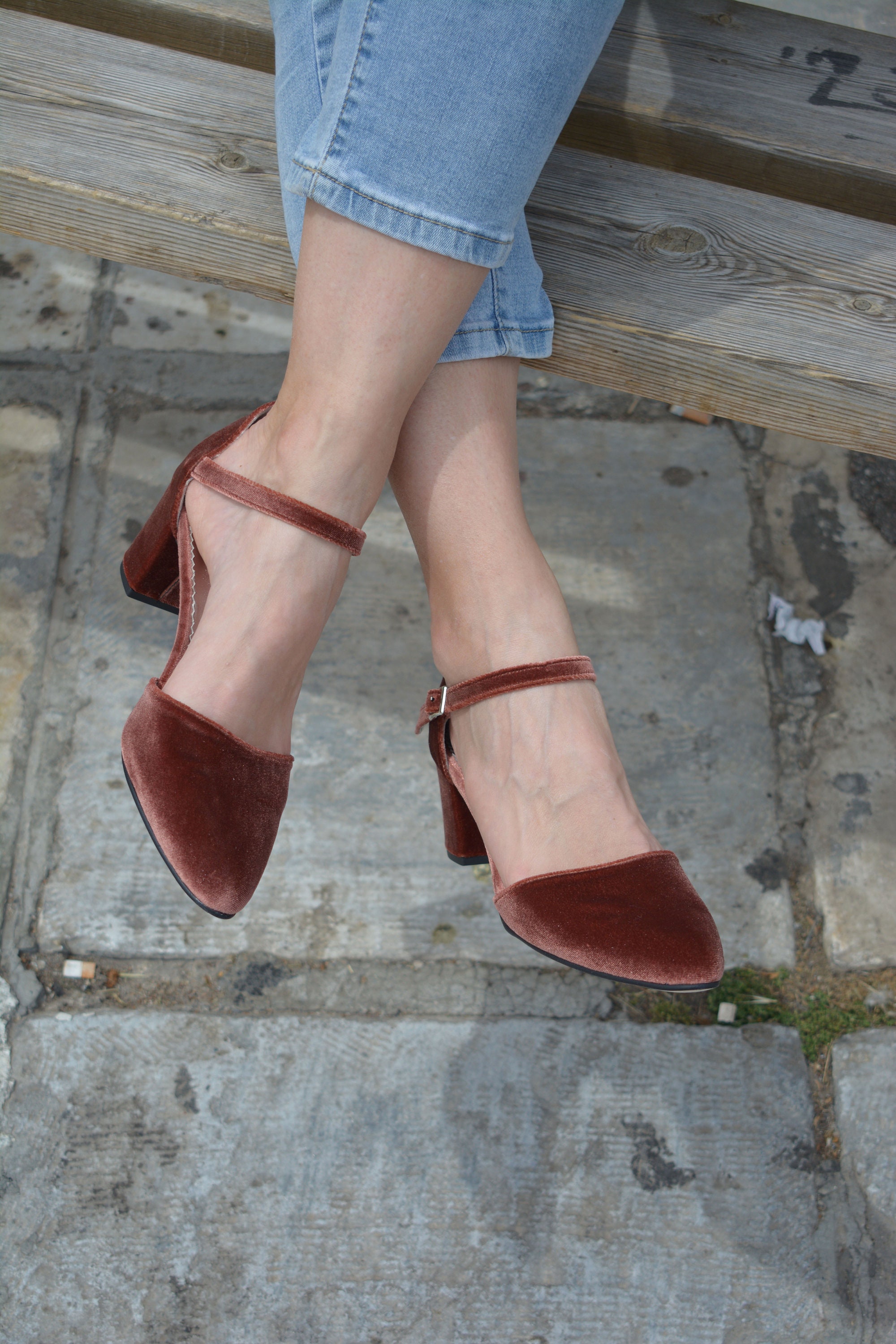 Dark Rotten Apple Velvet Block Heels, Brown Pumps, Terra Cotta Shoes, Ladies Wedding Bridal Shoes