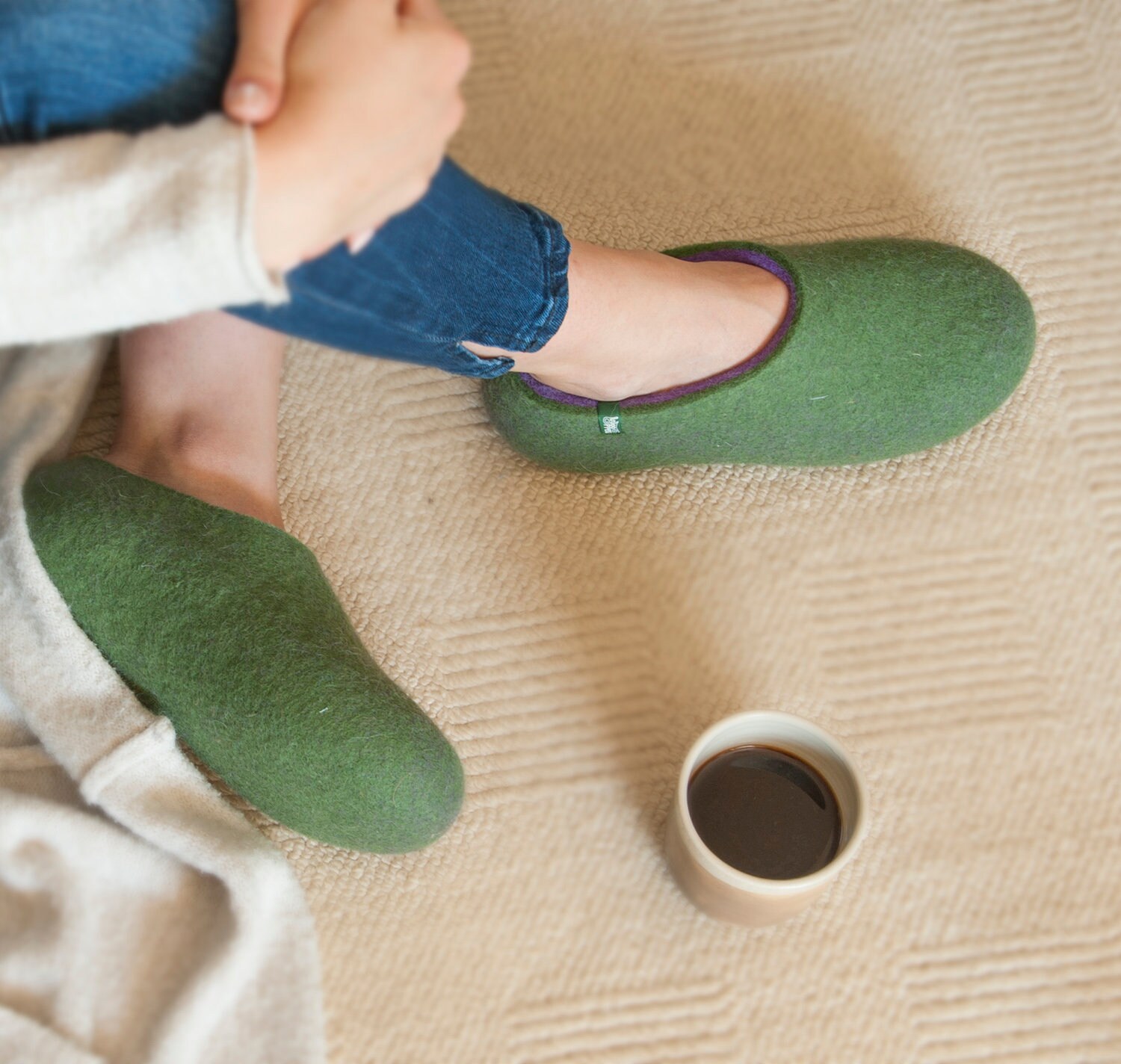 House Felted Slippers For Women, Warm Home Shoes in Soft Merino Wool - Green With Lilac