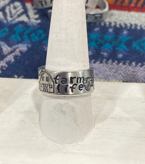 Farm Life Metal Stamped Ring, Stamper Hand Jewelry, Life, Agriculture Tractor Barn Ring