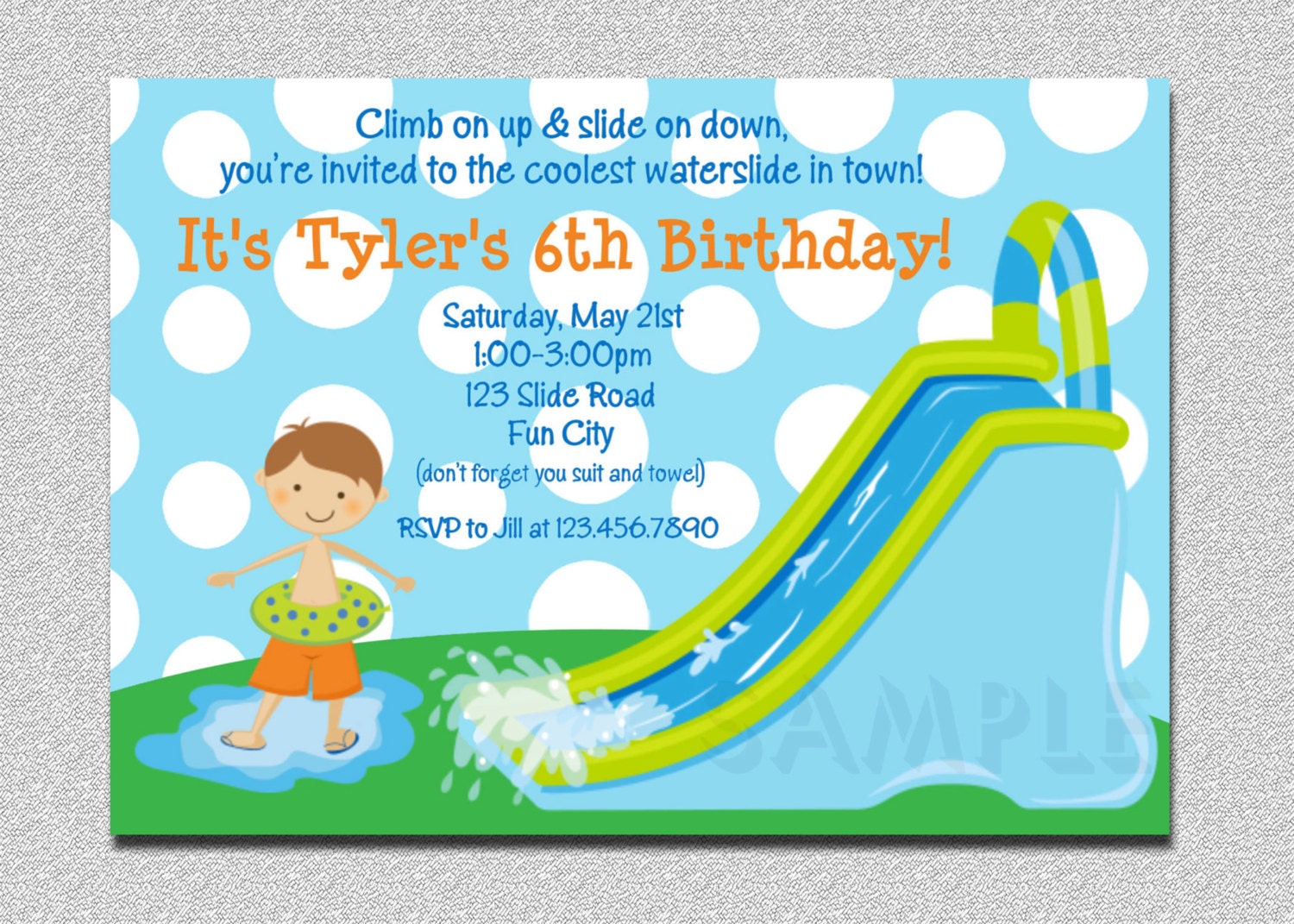 Waterslide Birthday Invitations, Water Slide Party Printable Kids Invitations