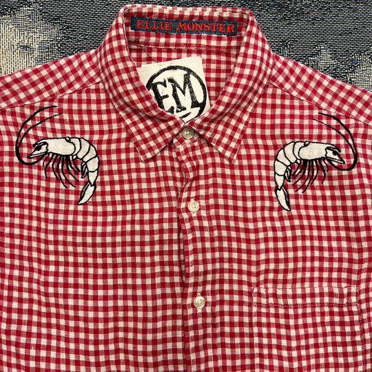Mens Medium Shrimp Embroidered Check Cotton Casual Shirt M Prawn Linen
