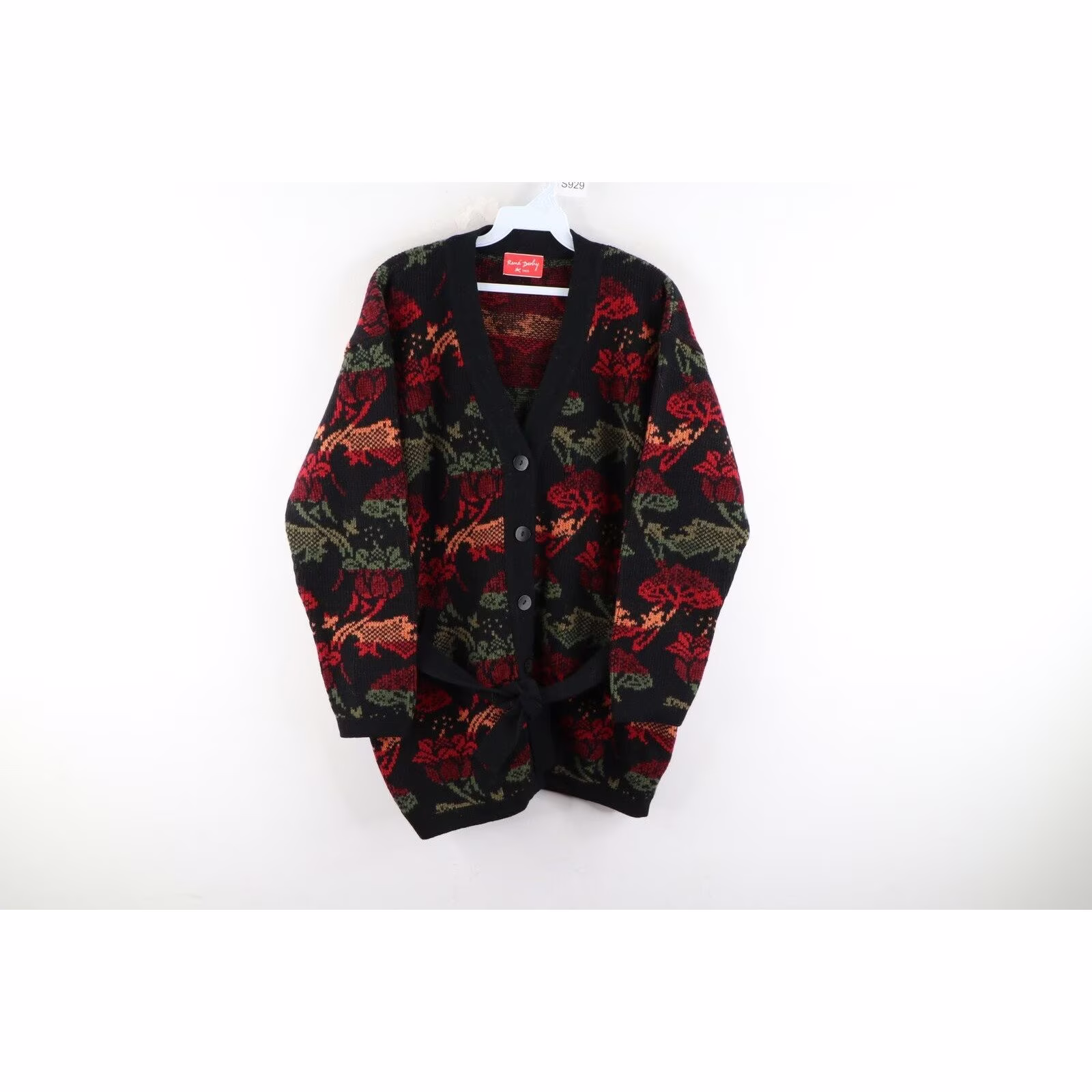 90S Coogi Style Womens Medium Wool Blend Knit Belted Floral Cardigan Sweater, Vintage 1990S Sweater