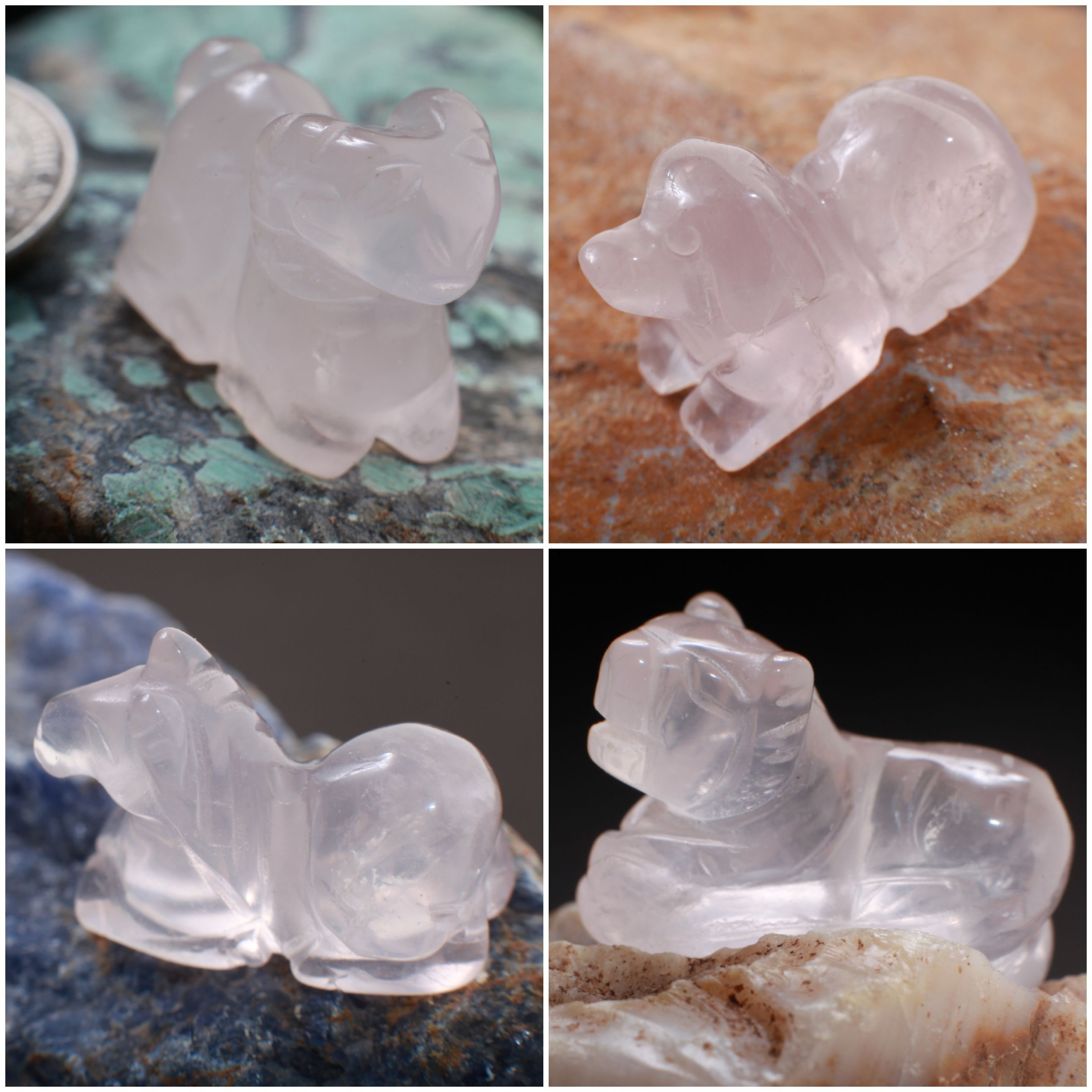 Natural Madagascar Rose Quartz Miniature Animals, Dog, Ram, Horse, Tiger Drilled Beads, Collectible Figurine Vintage Sculpture Gemstones