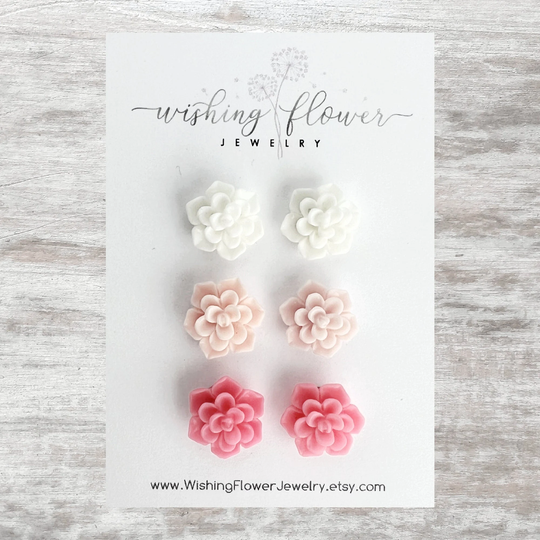 Pink & White Succulent Flower Earring Set/Hypoallergenic Stainless Steel Gift For Her