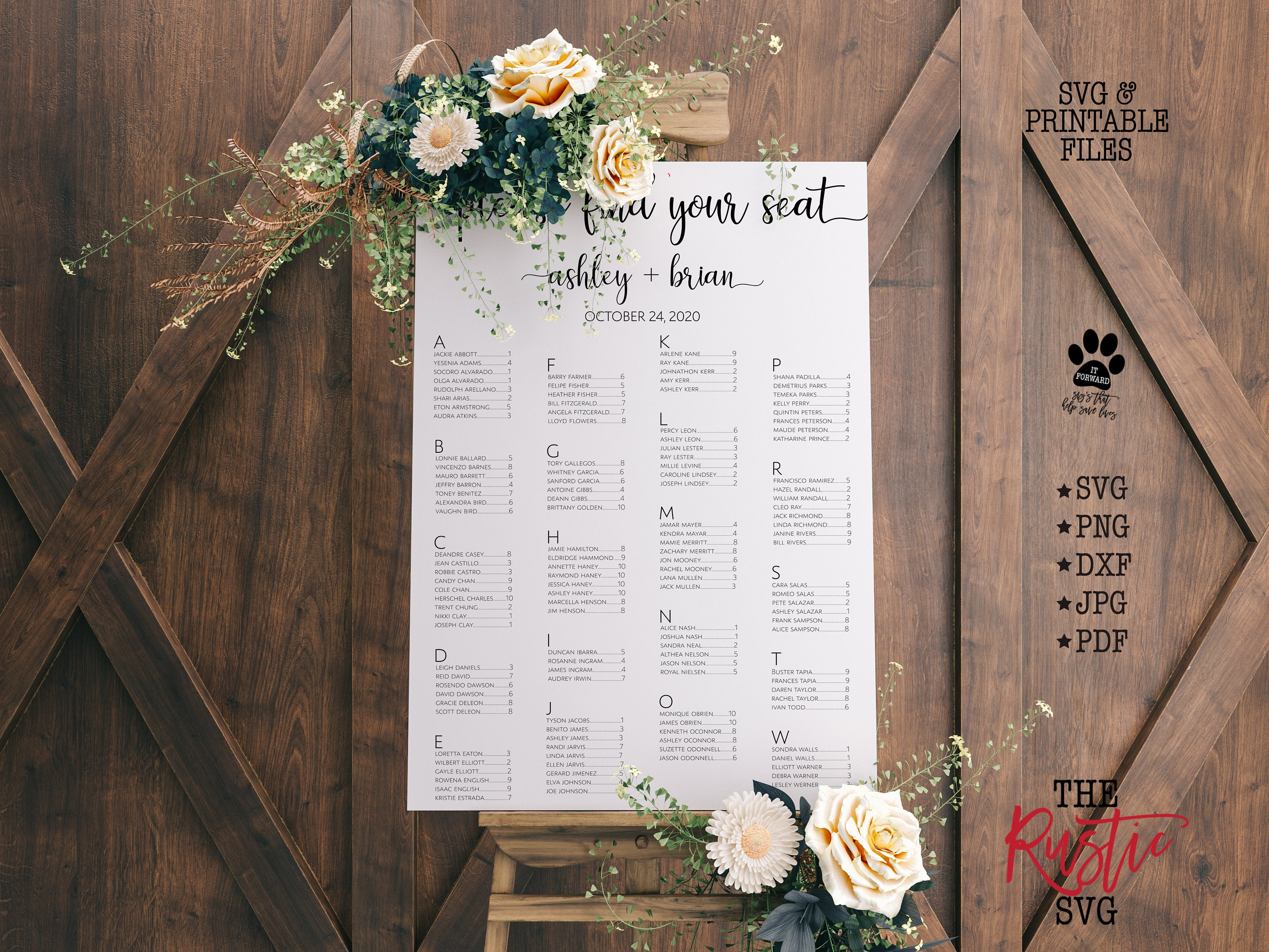 Printable Wedding Seating Chart, Chart Wedding, Alphabetical Personalized Svg, Pdf, 005