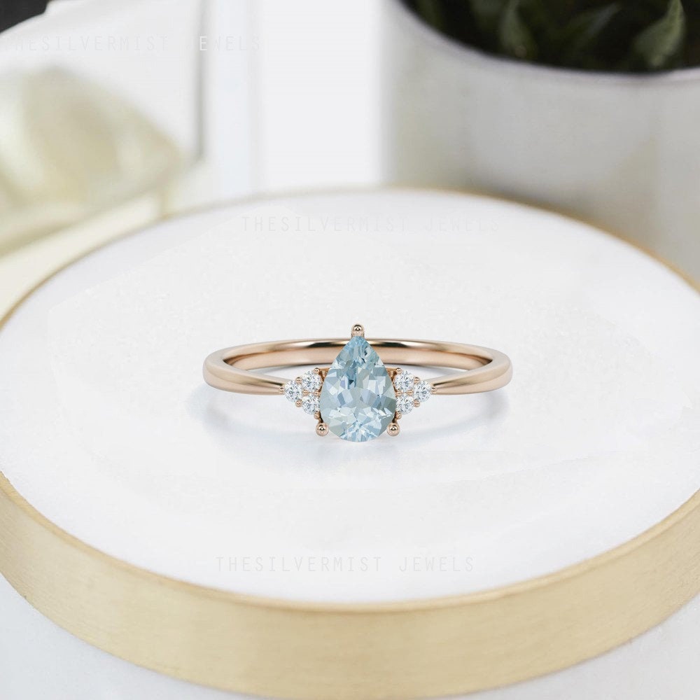 Pear Shaped Aquamarine Ring, Engagement Ring, 14K Rose Gold Over 925 Sterling Silver, Gift For Women, Wedding Bridal Jewelry, Promise Ring