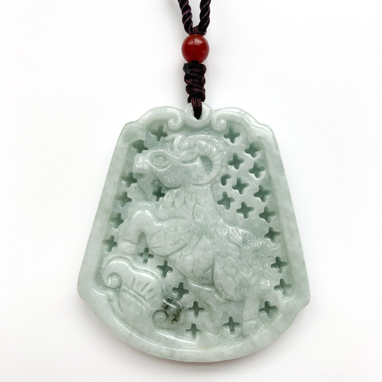 Large Jadeite Jade Sheep Goat Ram Chinese Zodiac Carved Pendant Necklace, Yj-0321-0468519
