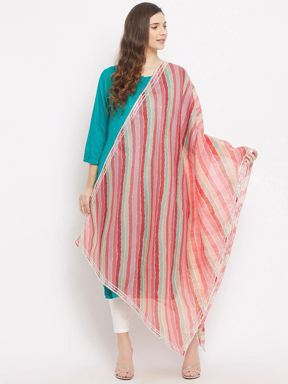 Women's Cotton Blend Multicolored Leheriya Tie & Dye Dupatta With Gotta Patti Free Shipping