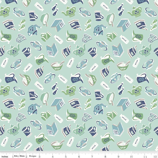 Aqua, Olive, Retro Kitchen Fabric, Riley Blake Cook Book C11753, Coffee Cup, Teapot, Reproduction Feedsack Quilt Fabric By The Yard, Cotton