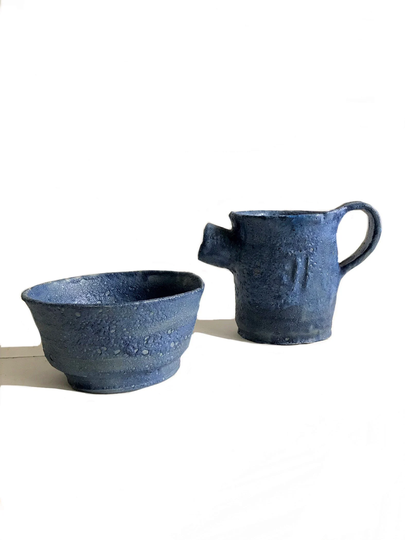 1970S Mid Century Blue Lava Ceramic Cream Sugar Set/Bowl & Creamer Art Pottery Modernist Serving