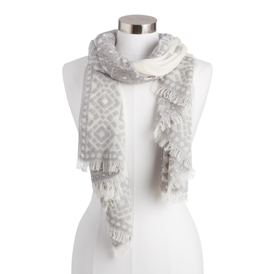White And Dusty Blue Diamond Embroidered Scarf: Gray by World Market