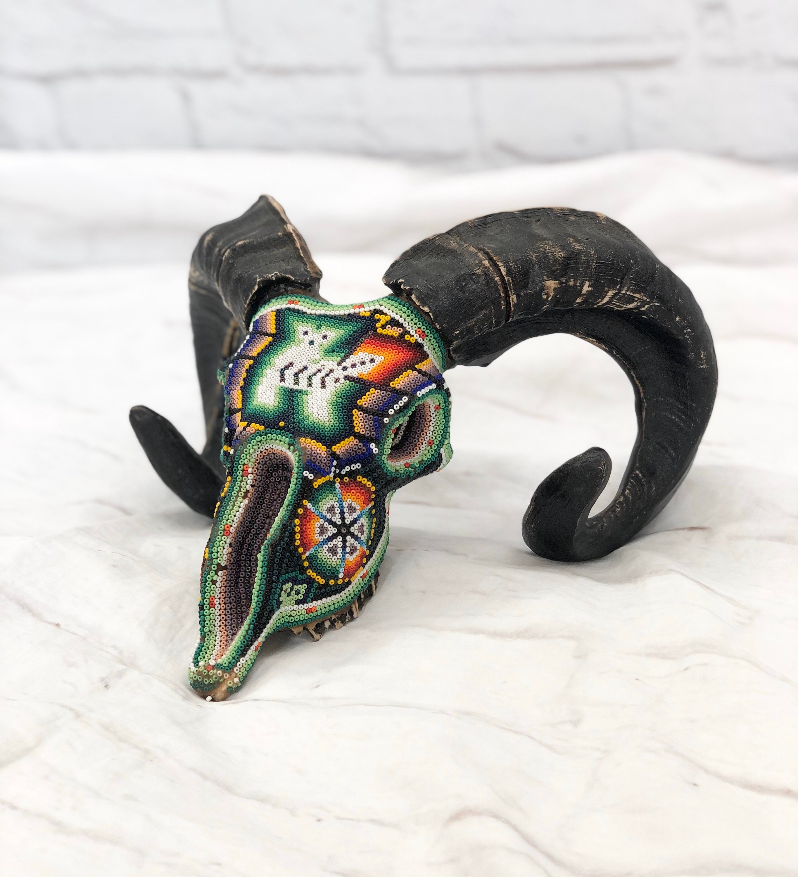 Vintage Beaded Ram Skull Horns Mexican Huichol Southwestern Wall Shelf Art Sculpture