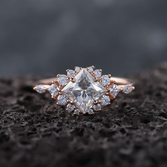 Vintage Clear Moissanite Engagement Ring, Unique Princess Cut Rose Gold Cluster Wedding Promise Anniversary Ring Gift For Women