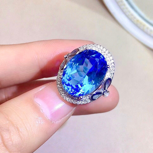 Huge Natural Swiss Blue Topaz Ring, S925 Sterling Silver, November Birthstone, Handmade Engagement Gift For Women Her