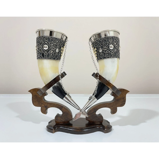 Drinking Horns With Stand For Wedding, Viking Best Quality, Engraved