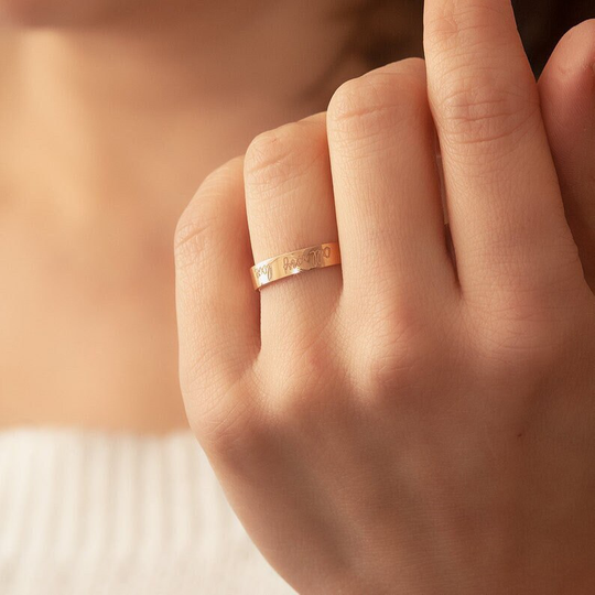14K Solid Gold Custom Wedding Band Ring, Engrave Names, Dates, Handwritings, Roman Numeral Coordinates On Your Ring