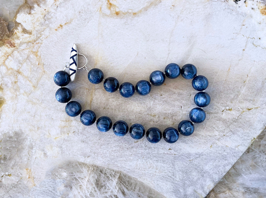 Navy Blue Kyanite Chatoyant 20mm Round Beaded Necklace With Custom Toggle Clasp
