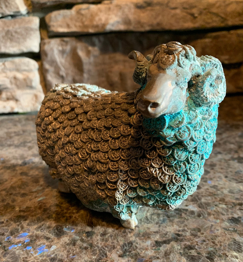 Chinese Money Sheep Ram Statue Brass Copper Marked Signed 5.5" Long Heavy