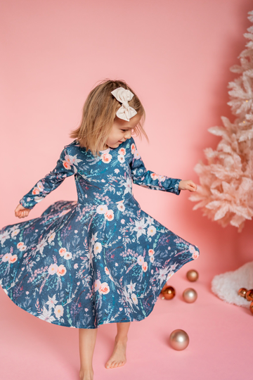 Winter Floral Holiday Twirl Dress For Girls, Christmas in Blue & Pink, Pink Christmas, Girls Navy