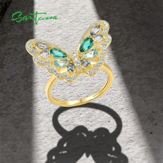 Santuzza Handmade Green Butterfly 925 Sterling Silver With Yellow Plating Ring Blue & Glass, Cubic Zirconia R316895Mulsy925