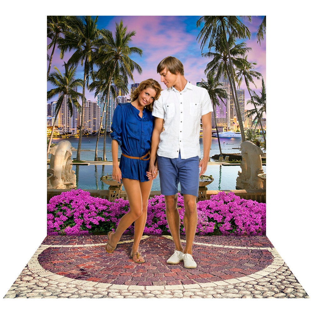 Miami Waterfront Party Photo Backdrop, Downtown in The Background With Palm Trees & Tropical Plants Front