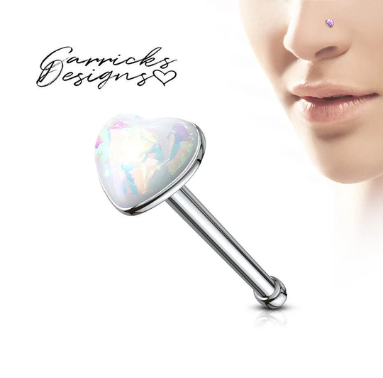 White Heart Sparkle Opal Nose Ring Stud, Cute Ring