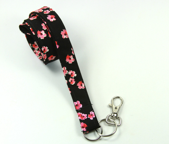 Floral Fabric Badge Holder, Black Lanyard, Pink Flower Holder
