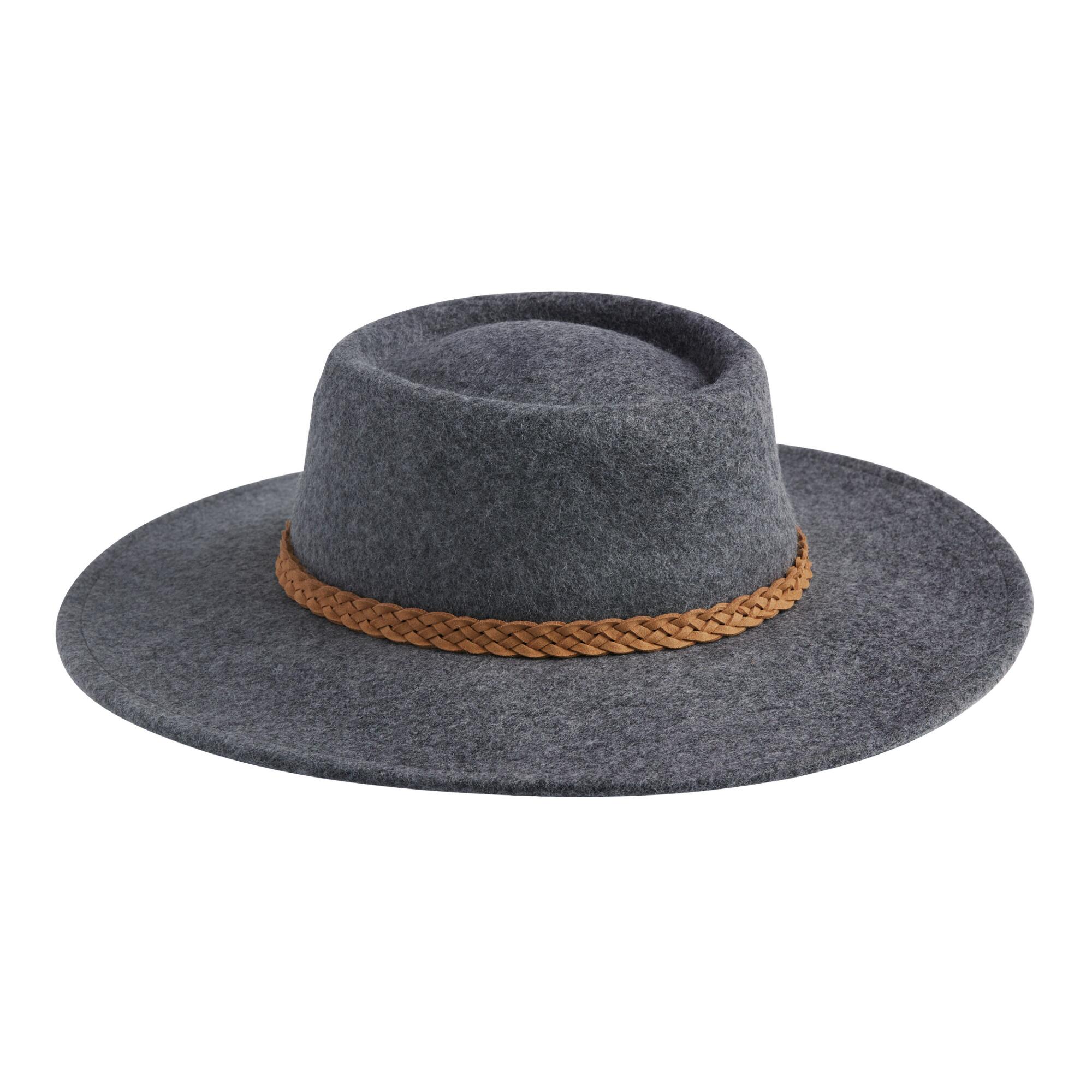 Heathered Gray Wool Flat Top Hat With Braided Trim by World Market