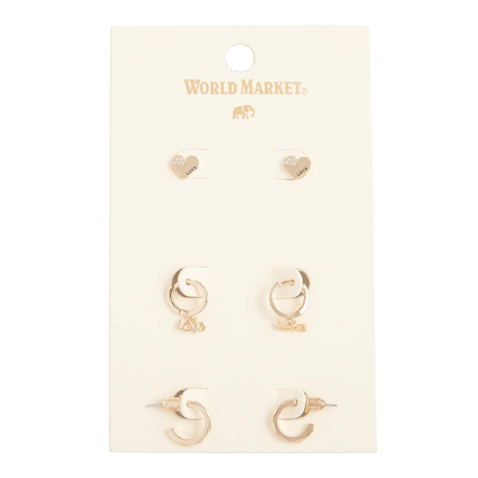 Gold Love Stud And Hoop Earrings 3 Pack by World Market