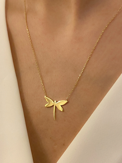 14K Solid Gold Dragonfly Pendant Necklace, Charm, Handmade Custom Symbol Of Strength, Gift For Her, Valentines Day