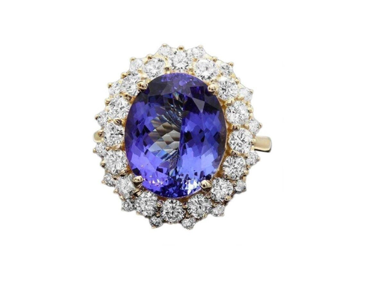 9.70 Carats Natural Tanzanite & Diamond 14K Solid Yellow Gold Ring