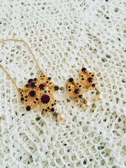 Set Earrings & Pendant With Garnets Metal Gilding Ussr Czech Republic