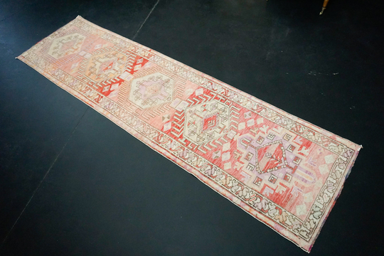 2'10 X 10'11 Herki Runner Turkish 1960's Pink, Red, Apricot & Cream Handmade