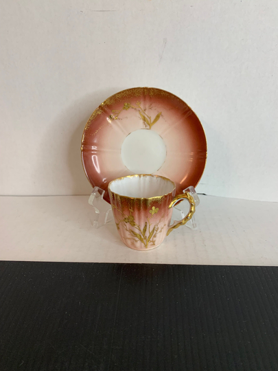 Vintage Porcelain Petite Elite S M Tea Cup & Saucer Set Limoges France Salmon Ombre Design Gift For Her, Country Cottage, French