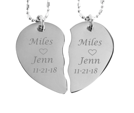 Bff Necklace, Couples Jewelry, Personalized Silver Broken Heart Split Necklace Custom Engraved Free, Valentine's Day Gift