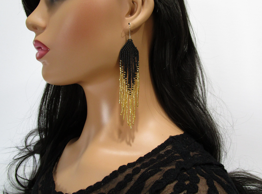 Fringed Beaded Earrings, Huichol Indigenous Seed Bead Native Beadwork, Black & Gold Earring