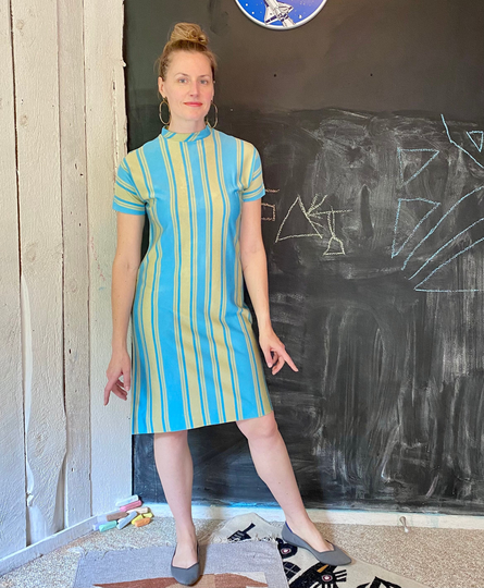 Vintage 60S Green Blue Midcentury Mod Stripe Shift Dress By Marcy Allen Size M/L