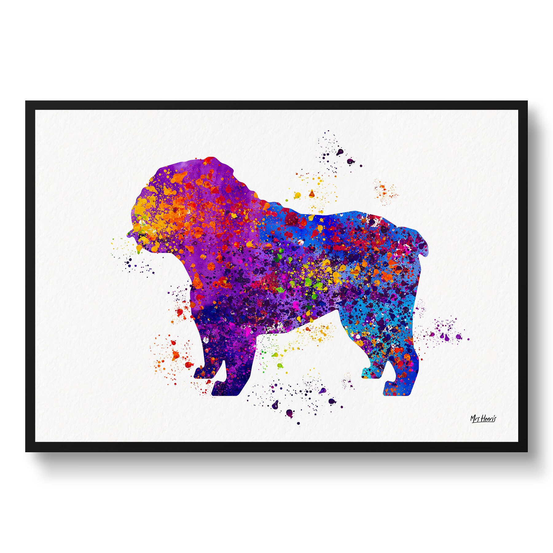English Bulldog Watercolour Dog Print - Splash Veterinary Decor Gift Illustration Framed & Unframed Wall Art For Lovers Vets