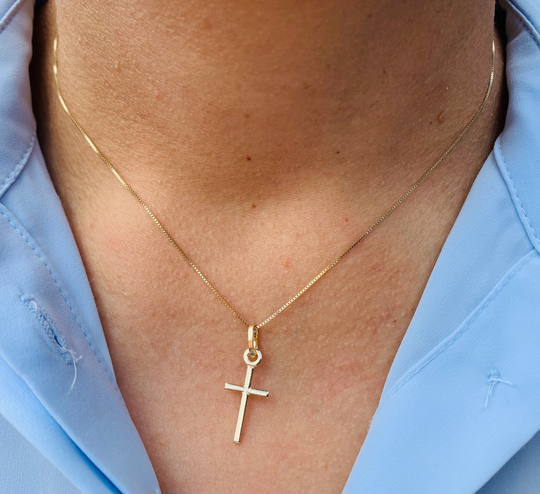 14K Solid Gold Cross Necklace Minimalist Plain Cross Pendant Women's Charm Box Chain 16" 18'' 20". Holiday Gift