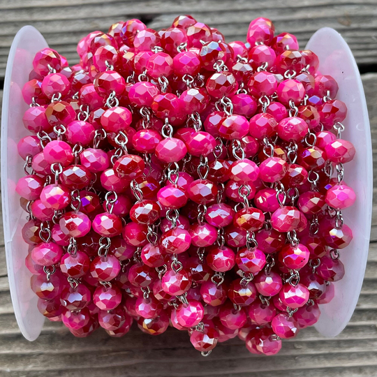 Hot Pink Candy Beaded Chain, Rosary 8mm Rondelle Crystal, Easy Open Eyepin Silver 1 Foot, Dry Gulch, Cupid