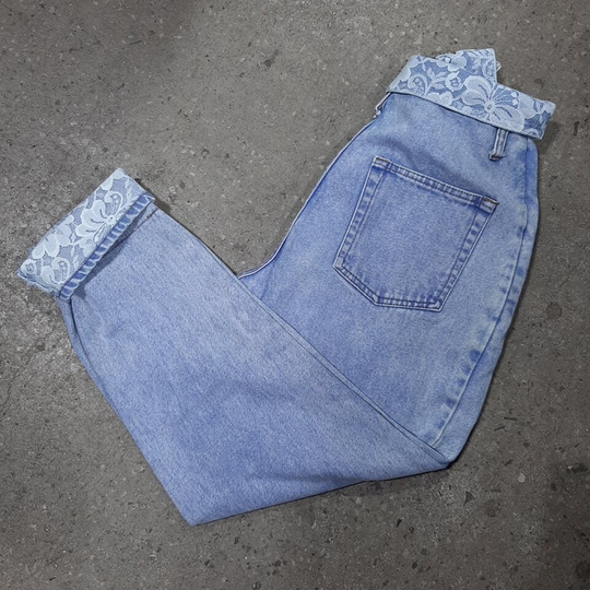 Vintage 1990S Women's Light Blue Denim High Waisted Jeans With Lace Patch & Panelling Details By Stefano Sz. S