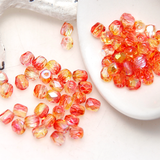 Fiery Transparent Red & Yellow Blend Ab 4mm Fire Polished Crystal Beads 30