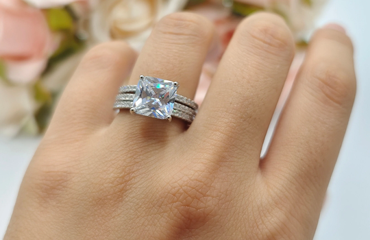 2.43 Carat Cushion Cut Three Piece Bridal Set Wedding Engagement Ring Band Round Diamond Simulated 925 Sterling Silver Gift
