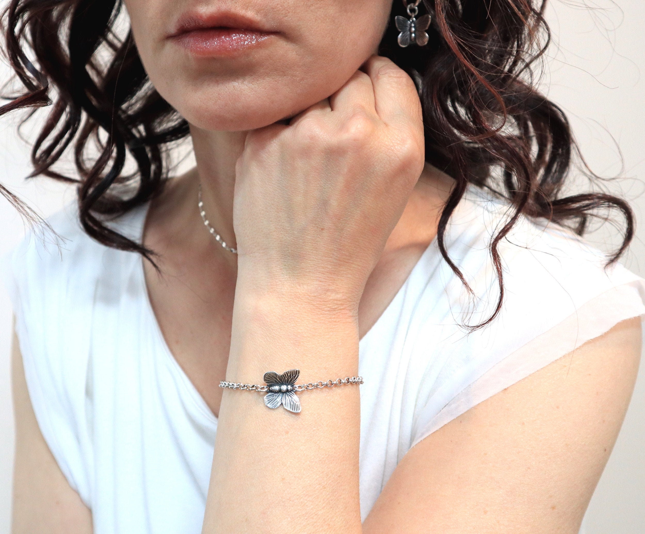 Butterfly Bracelet, Sterling Silver Finish, Bridal Fluttering
