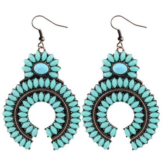 Big Blue Turquoise & Copper Squash Blossom Earrings, Crescent, 3" Dangle, Southwest, Bohemian