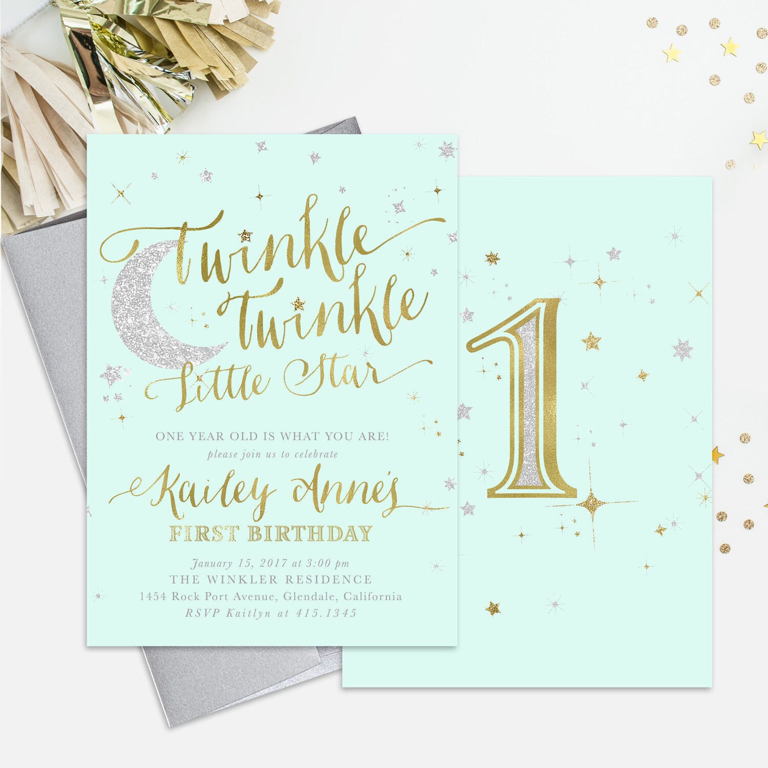Twinkle Little Star Birthday Invitation 1St, 2nd Any Age Boy Or Girl. Mint Green, Gold & Silver Shimmer - First Party Invite