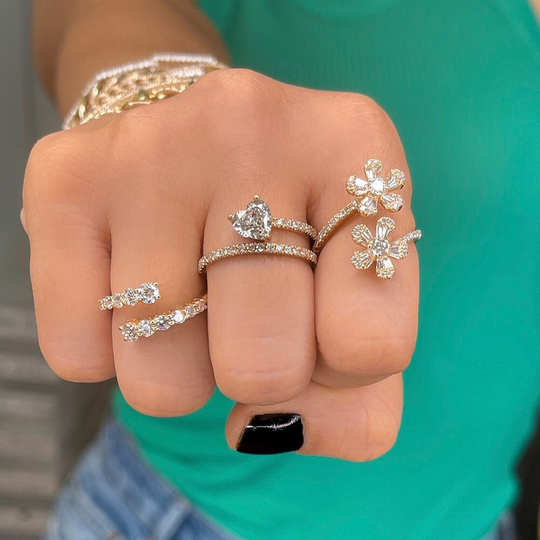 14K Gold, Diamond, Baguette, Two Flower Motif, Forget Me Not, Cocktail Ring